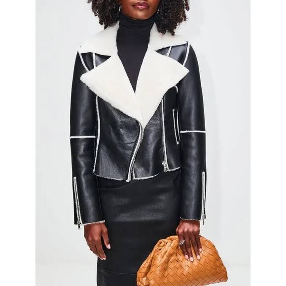 Susan Bender Shearling Biker Jacket in Black & Ivory 12 - Picture 1 of 2